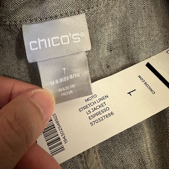 NWT CHICO'S L/S Linen-Blend Stretch Moto Jacket in Espresso - Picture 8 of 12